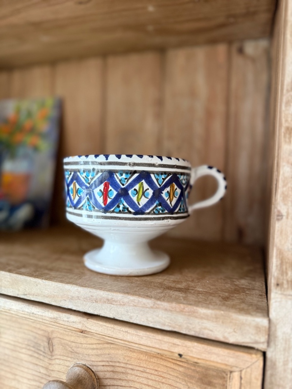 Vintage Hand-Painted Ceramic Pedestal Mug in Blue and White